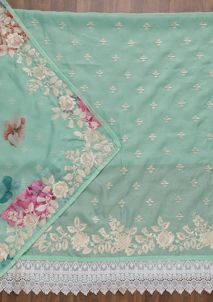 Sea Green Threadwork Organza Unstitched Salwar Suit