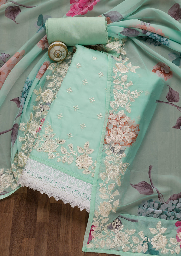 Sea Green Threadwork Organza Unstitched Salwar Suit