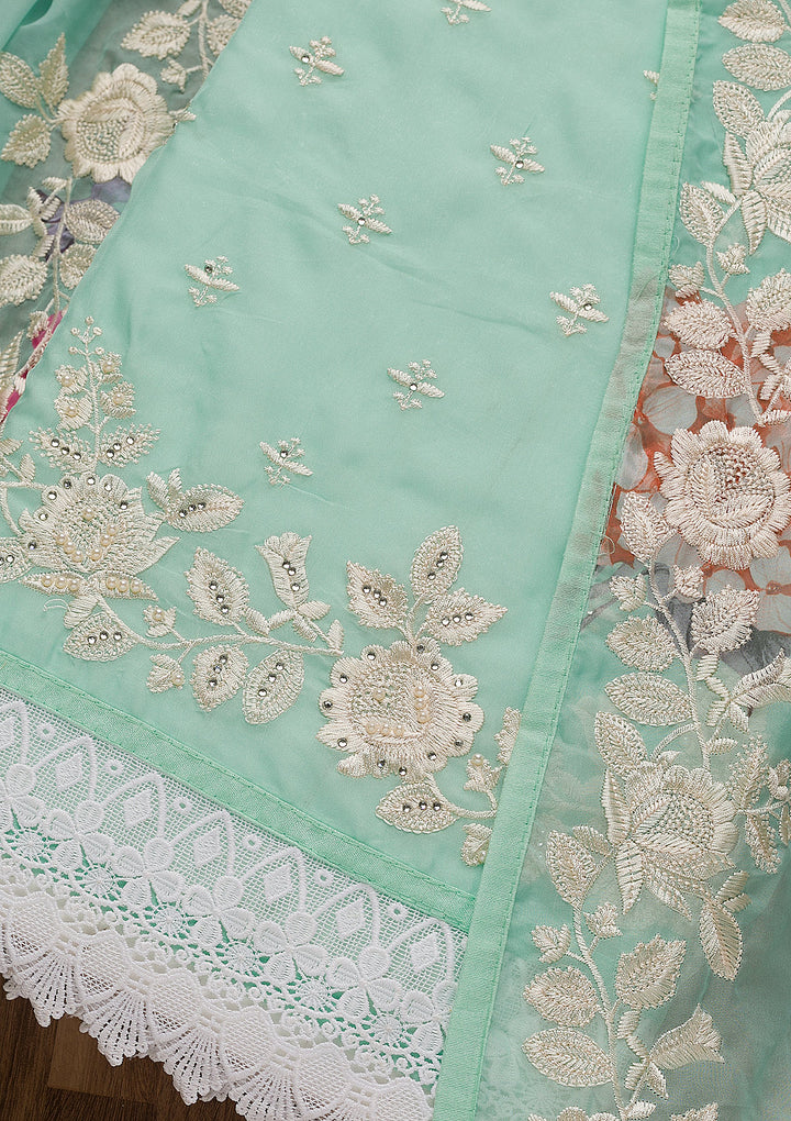 Sea Green Threadwork Organza Unstitched Salwar Suit