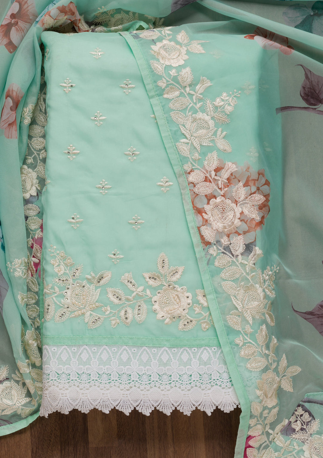 Sea Green Threadwork Organza Unstitched Salwar Suit
