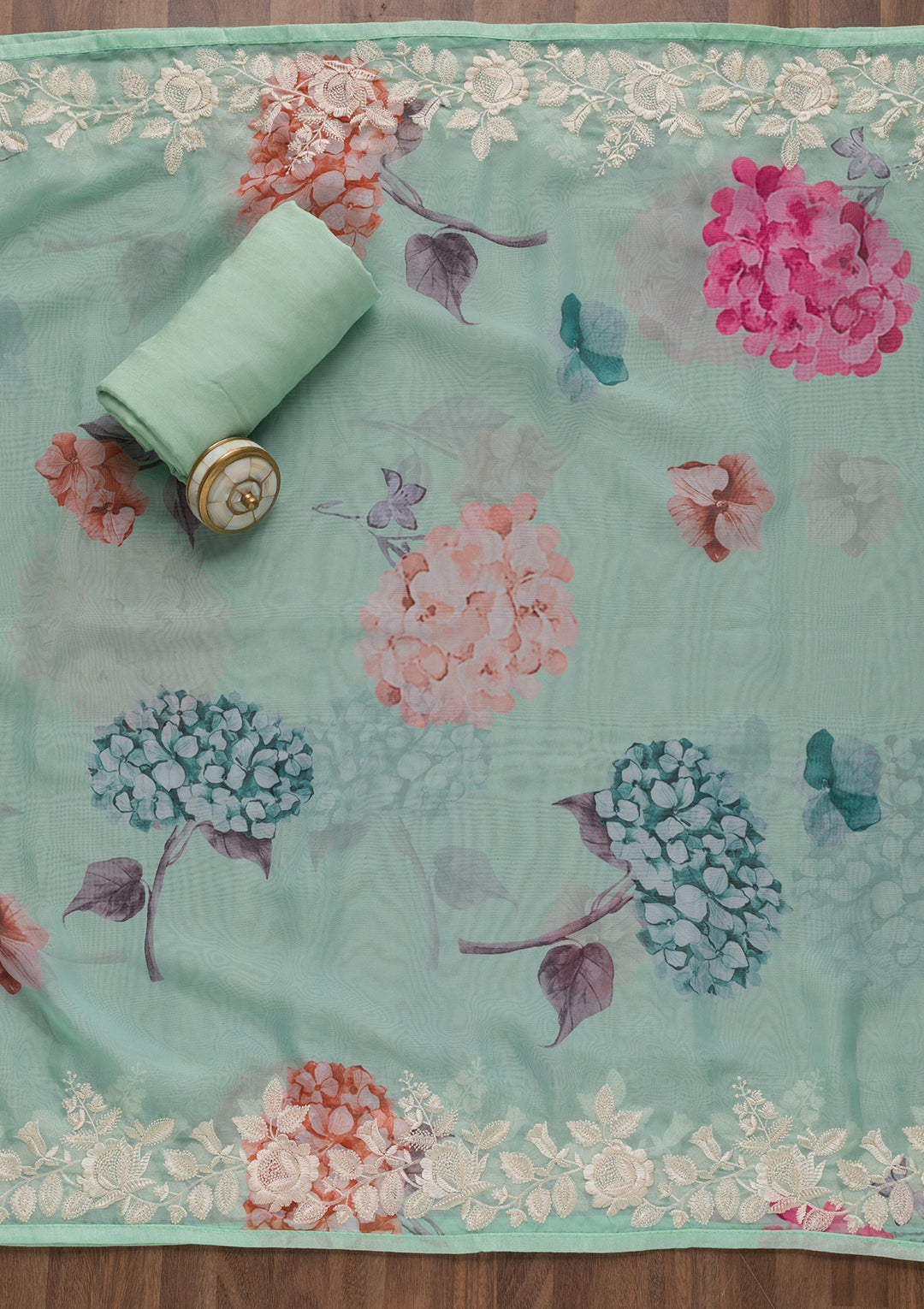 Sea Green Threadwork Organza Unstitched Salwar Suit