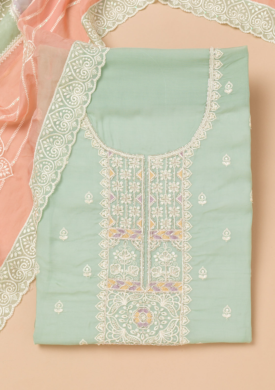 Sea Green Threadwork Organza Unstitched Salwar Suit