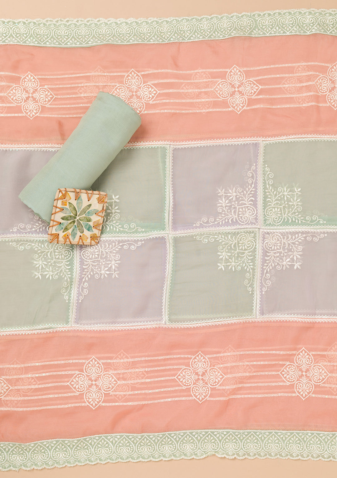 Sea Green Threadwork Organza Unstitched Salwar Suit
