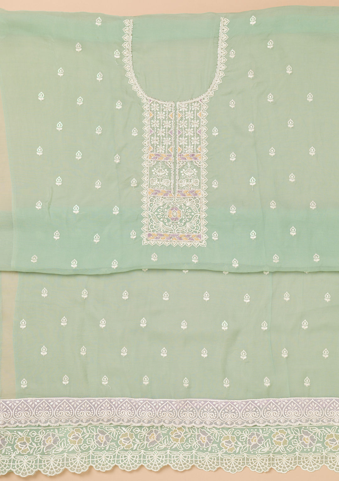 Sea Green Threadwork Organza Unstitched Salwar Suit