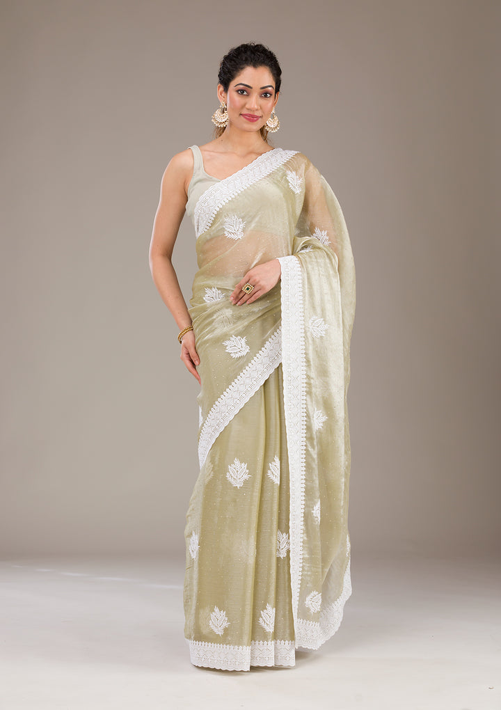 Sea Green Threadwork Organza Saree-Koskii