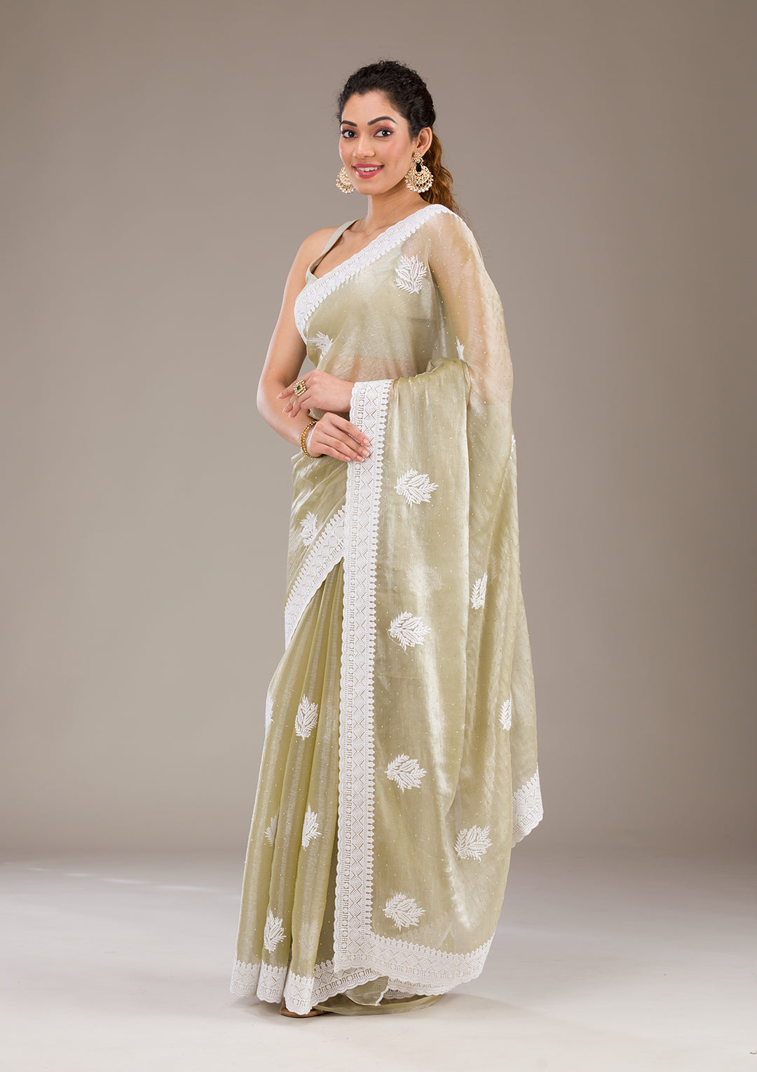 Sea Green Threadwork Organza Saree-Koskii