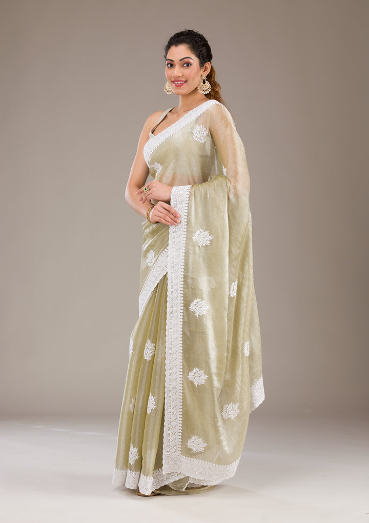 Sea Green Threadwork Organza Saree-Koskii