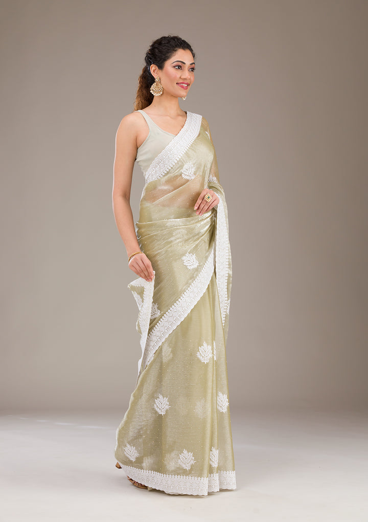 Sea Green Threadwork Organza Saree-Koskii