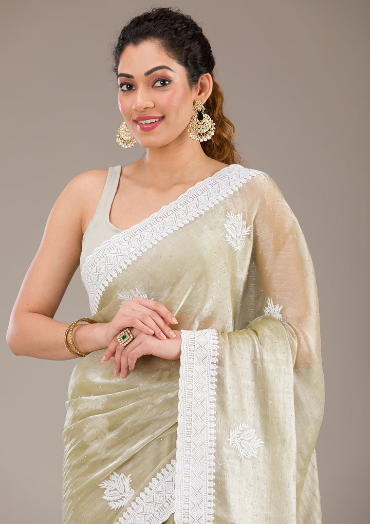 Sea Green Threadwork Organza Saree-Koskii