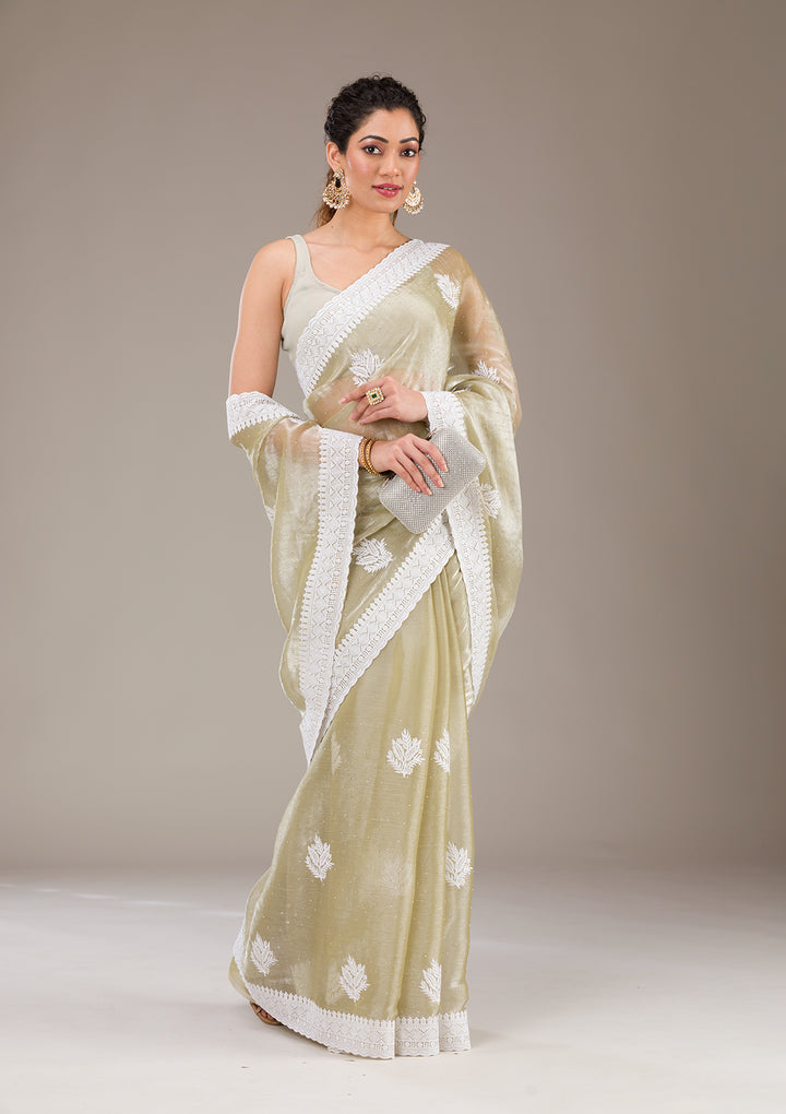 Sea Green Threadwork Organza Saree-Koskii
