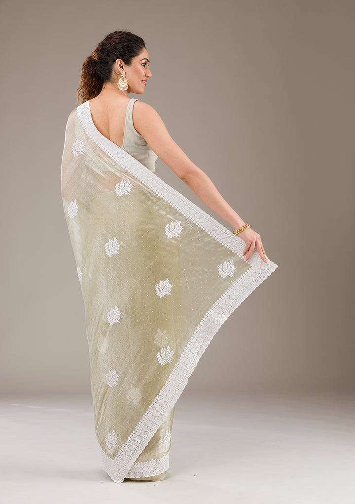 Sea Green Threadwork Organza Saree-Koskii