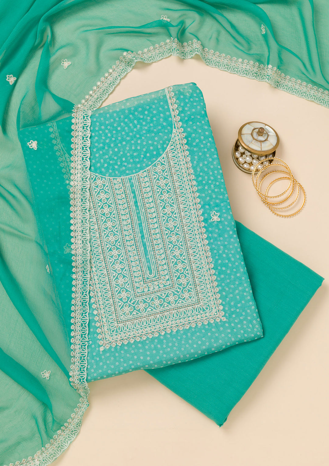 Sea Green Threadwork Semi Crepe Unstitched Salwar Suit