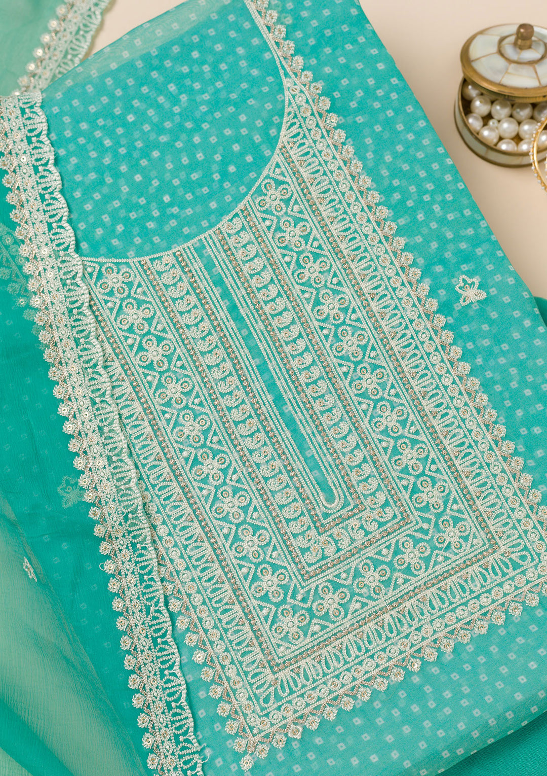 Sea Green Threadwork Semi Crepe Unstitched Salwar Suit