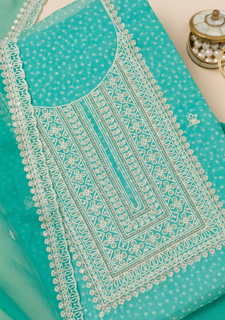 Sea Green Threadwork Semi Crepe Unstitched Salwar Suit