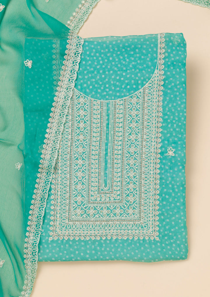 Sea Green Threadwork Semi Crepe Unstitched Salwar Suit