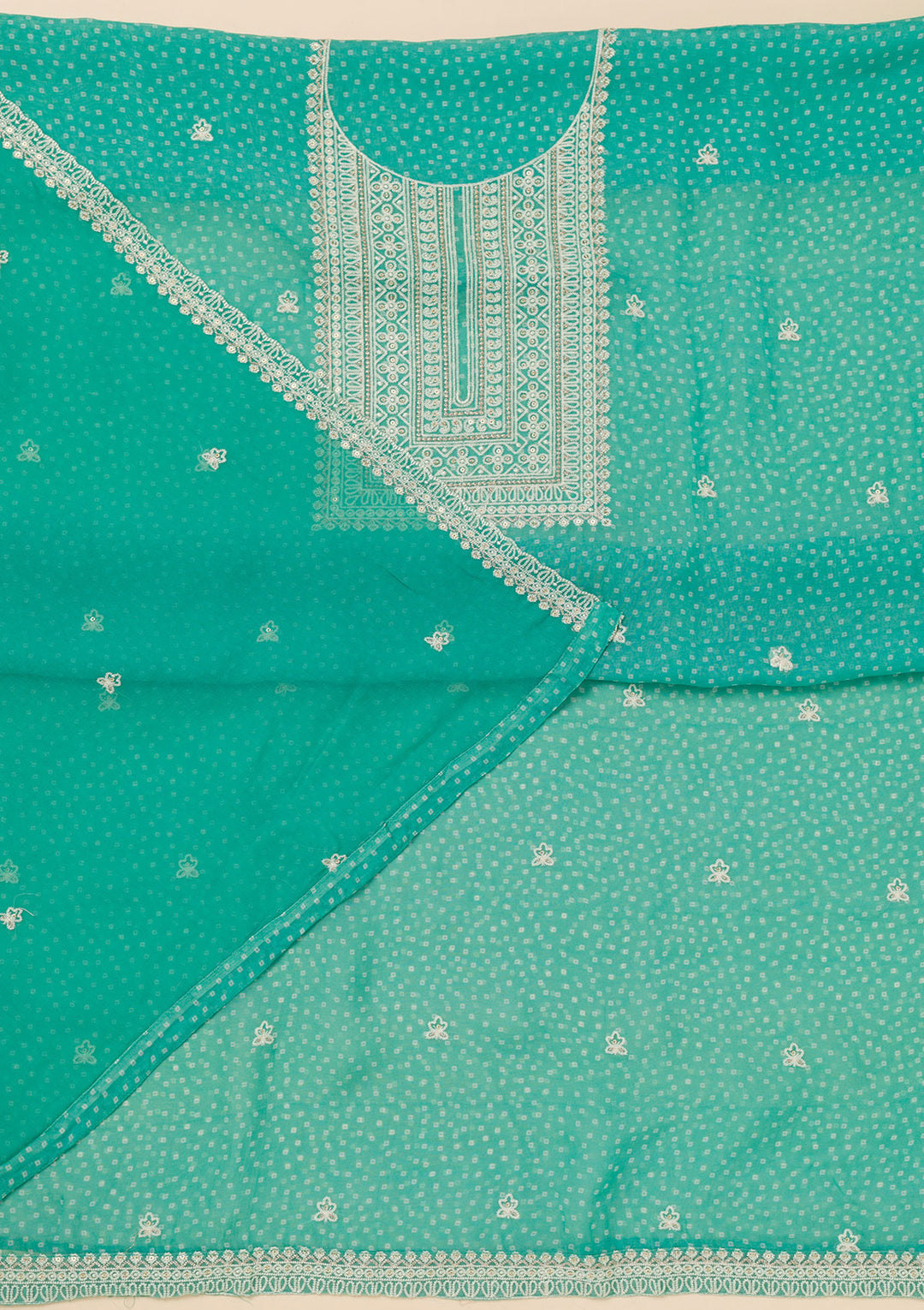 Sea Green Threadwork Semi Crepe Unstitched Salwar Suit