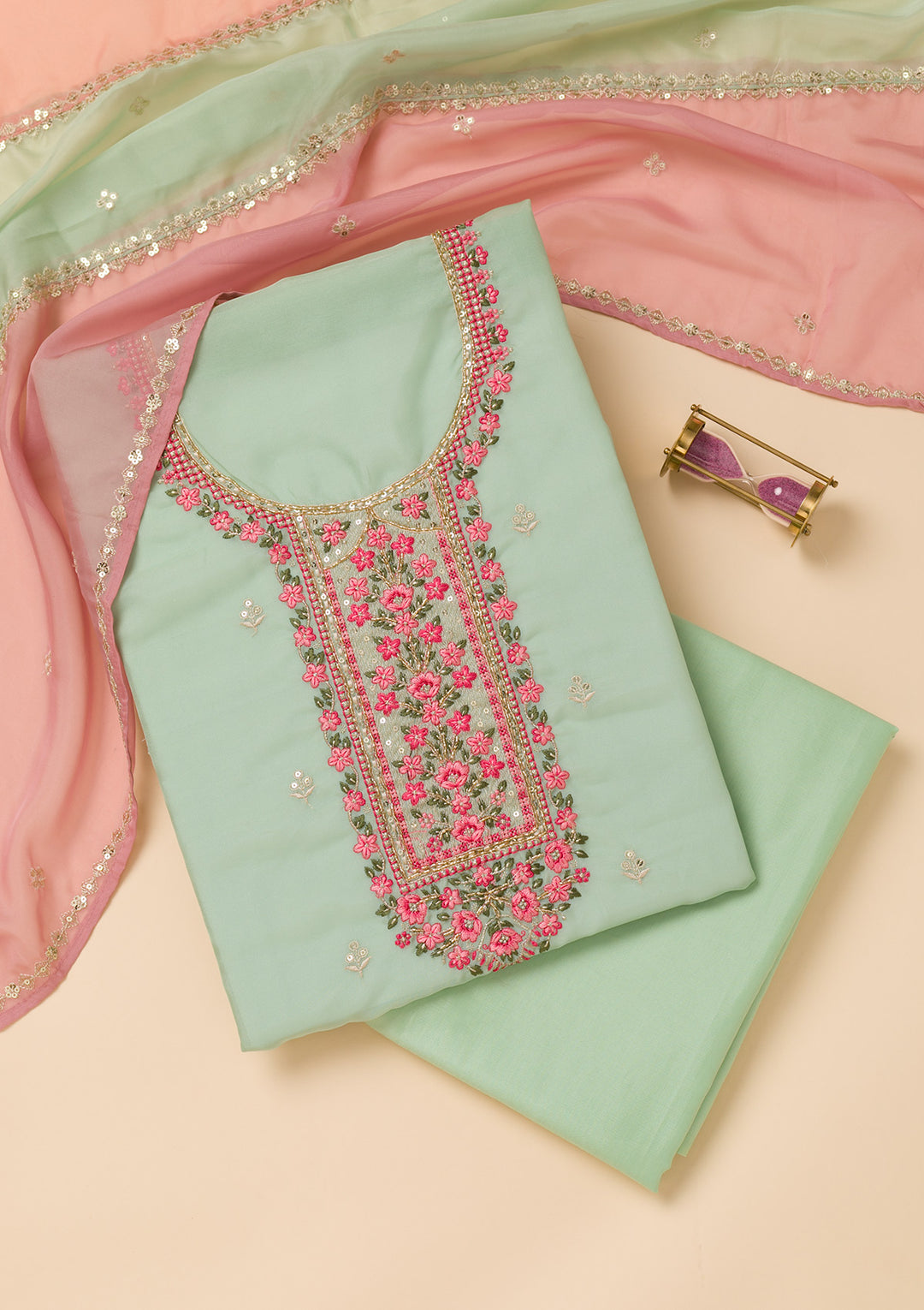 Sea Green Threadwork Tissue Unstitched Salwar Suit