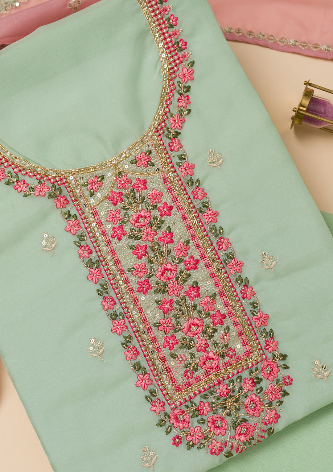 Sea Green Threadwork Tissue Unstitched Salwar Suit