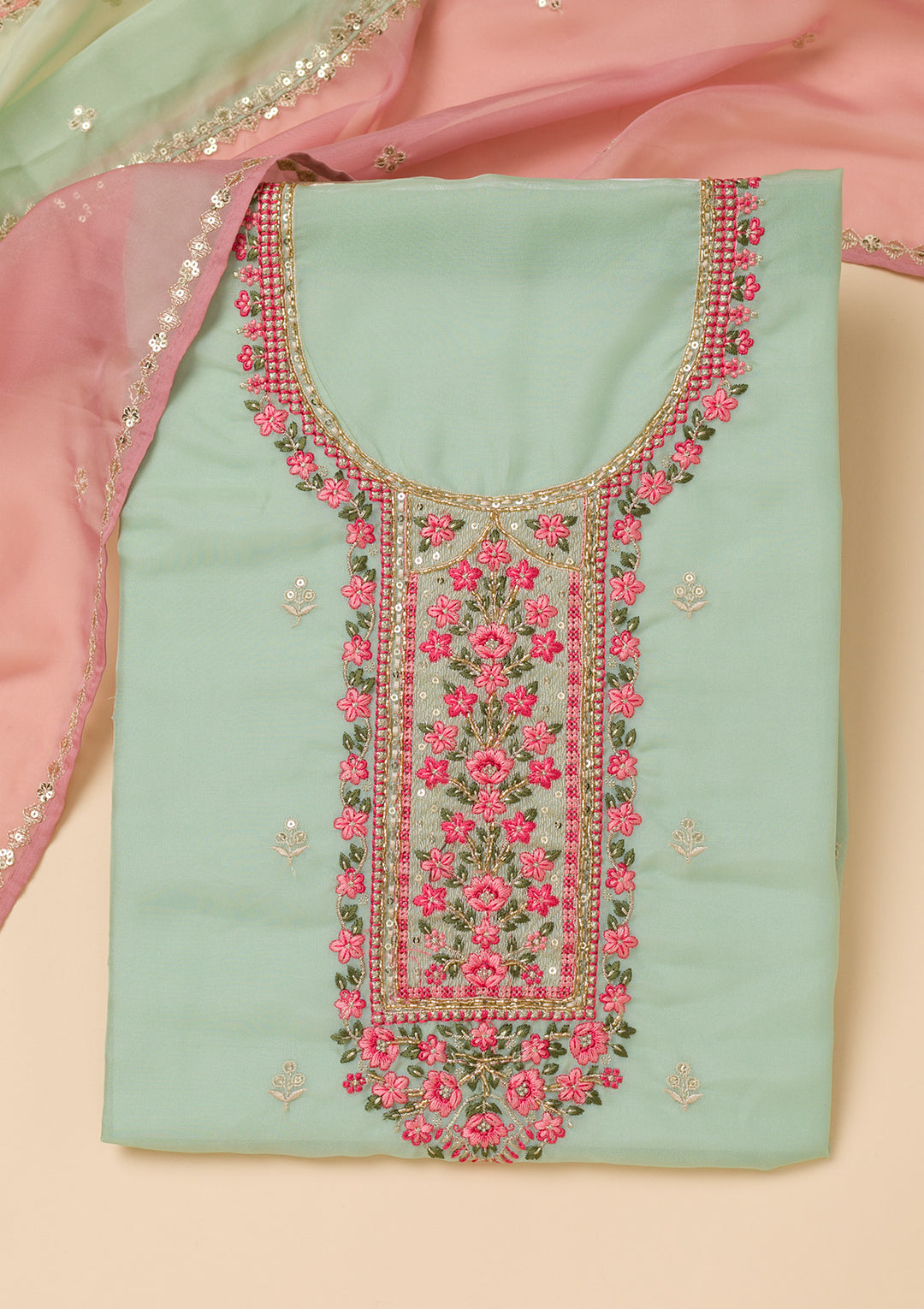 Sea Green Threadwork Tissue Unstitched Salwar Suit