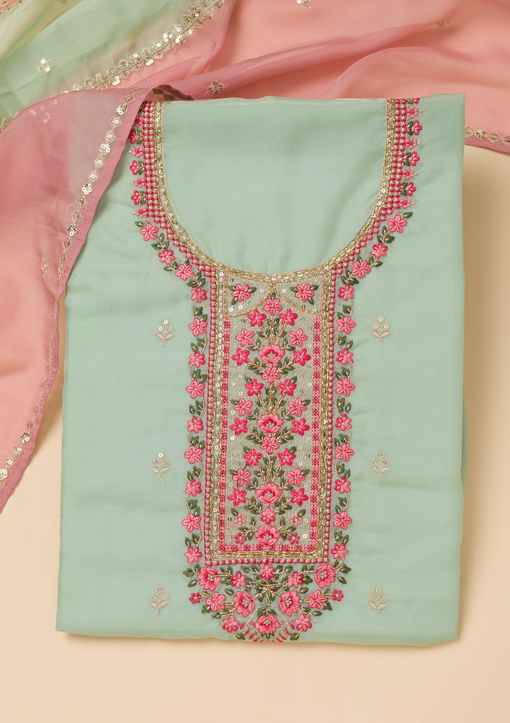 Sea Green Threadwork Tissue Unstitched Salwar Suit
