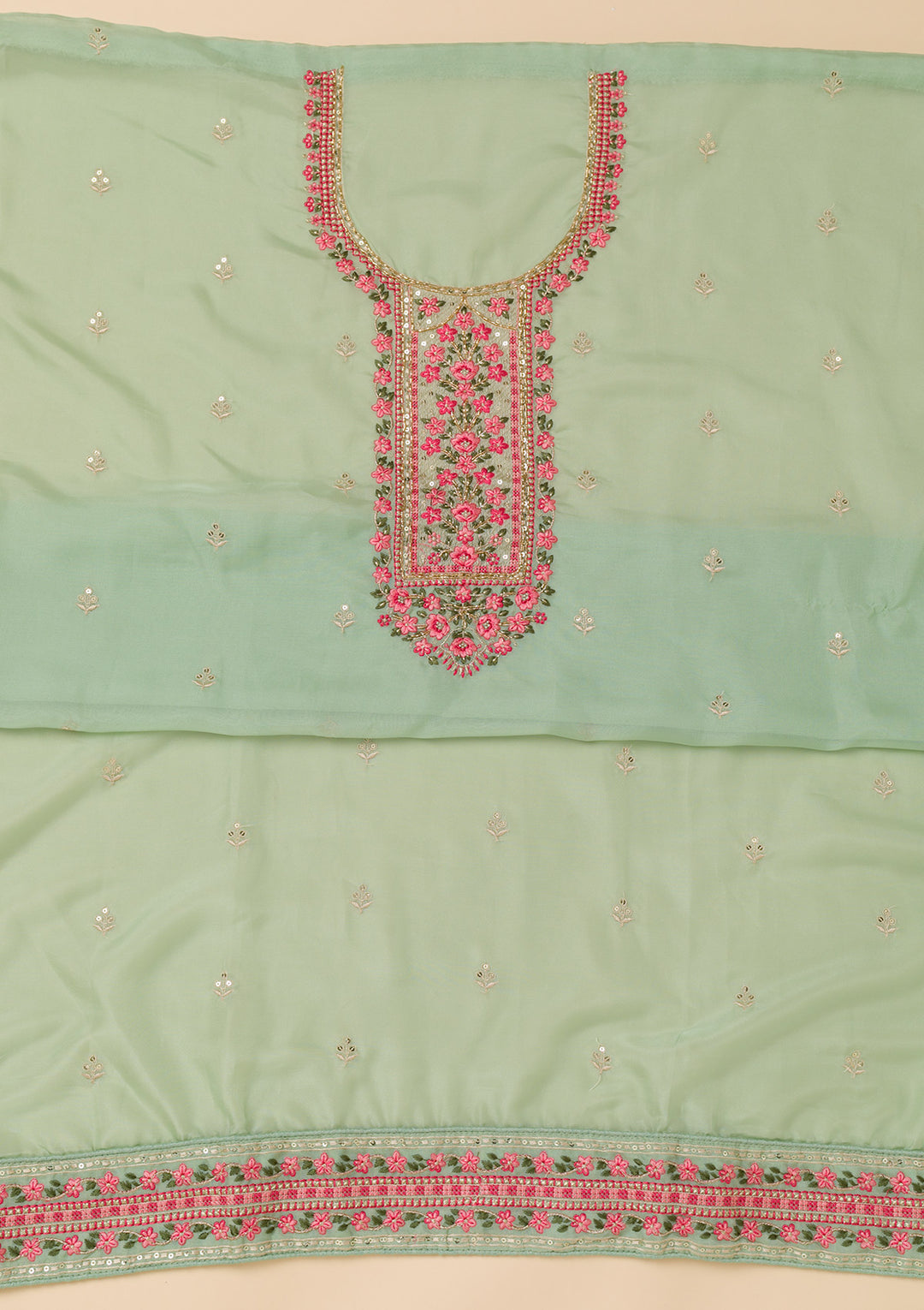 Sea Green Threadwork Tissue Unstitched Salwar Suit