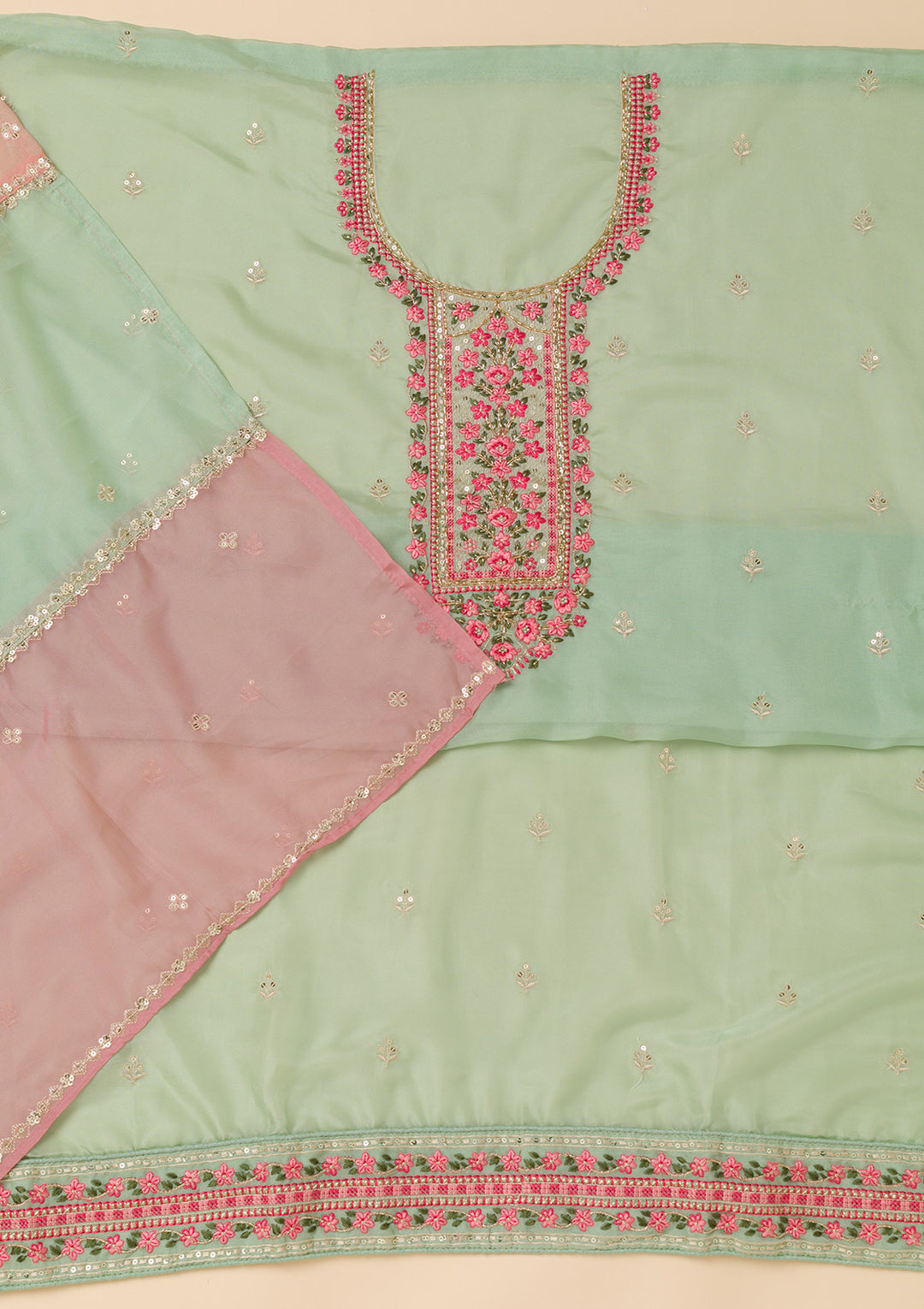Sea Green Threadwork Tissue Unstitched Salwar Suit