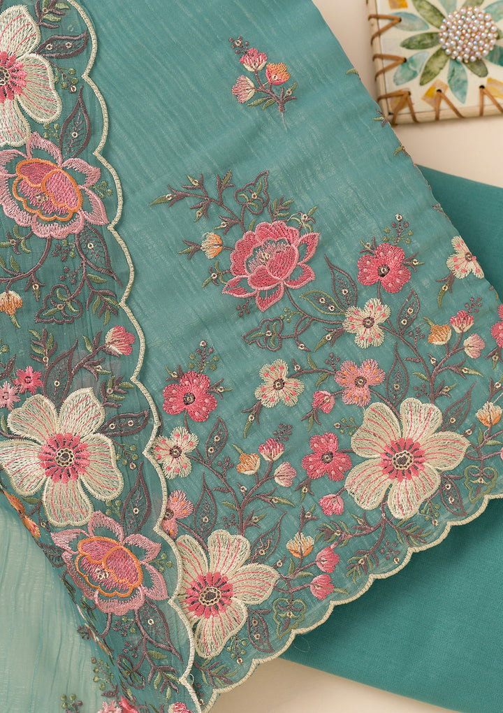Sea Green Threadwork Tissue Unstitched Salwar Suit
