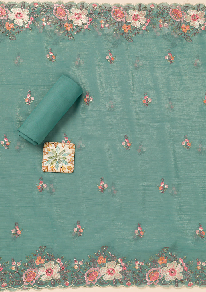 Sea Green Threadwork Tissue Unstitched Salwar Suit
