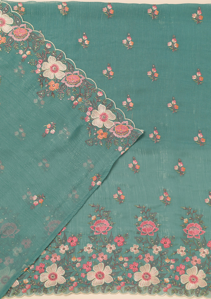 Sea Green Threadwork Tissue Unstitched Salwar Suit