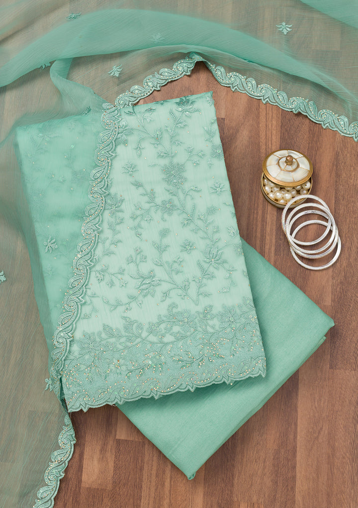 Sea Green Threadwork Tissue Unstitched Salwar Suit