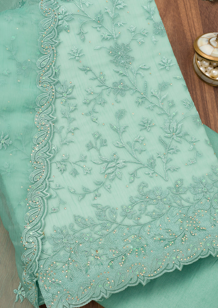 Sea Green Threadwork Tissue Unstitched Salwar Suit