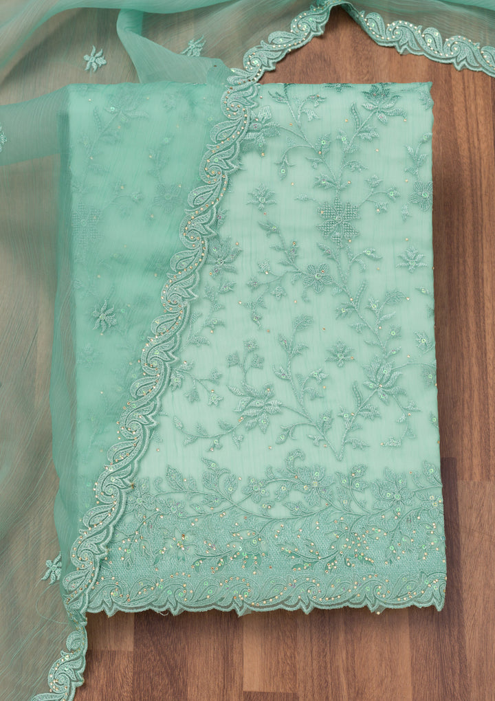 Sea Green Threadwork Tissue Unstitched Salwar Suit