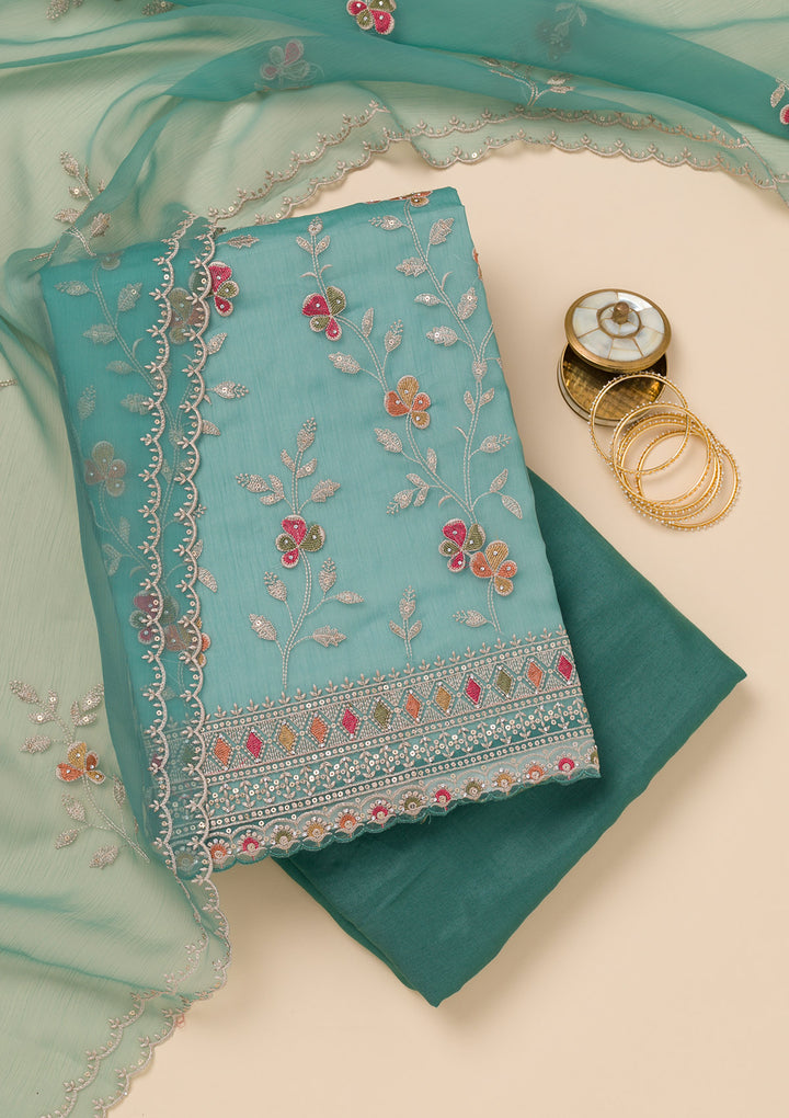 Sea Green Threadwork Tissue Unstitched Salwar Suit
