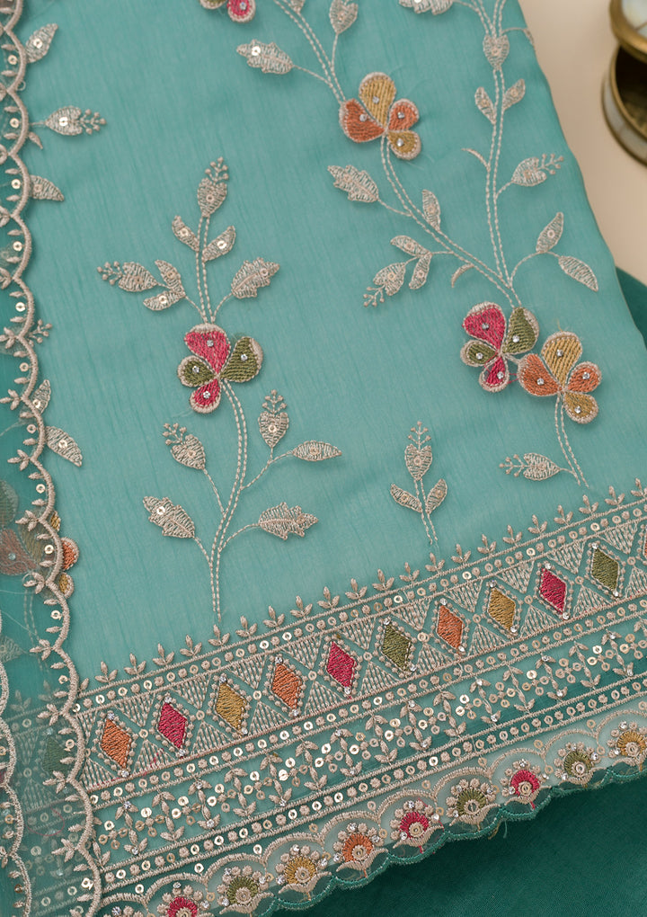 Sea Green Threadwork Tissue Unstitched Salwar Suit