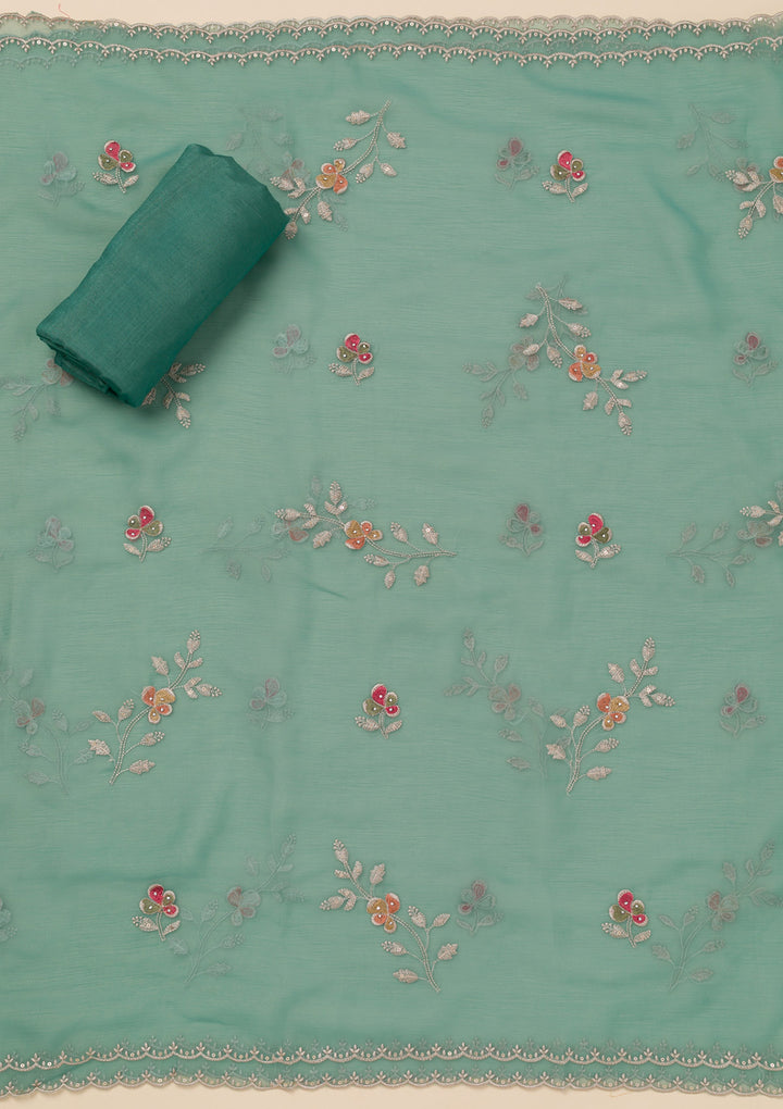 Sea Green Threadwork Tissue Unstitched Salwar Suit