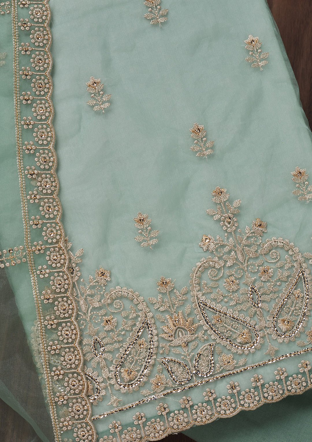 Sea Green Threadwork Tissue Unstitched Salwar Suit