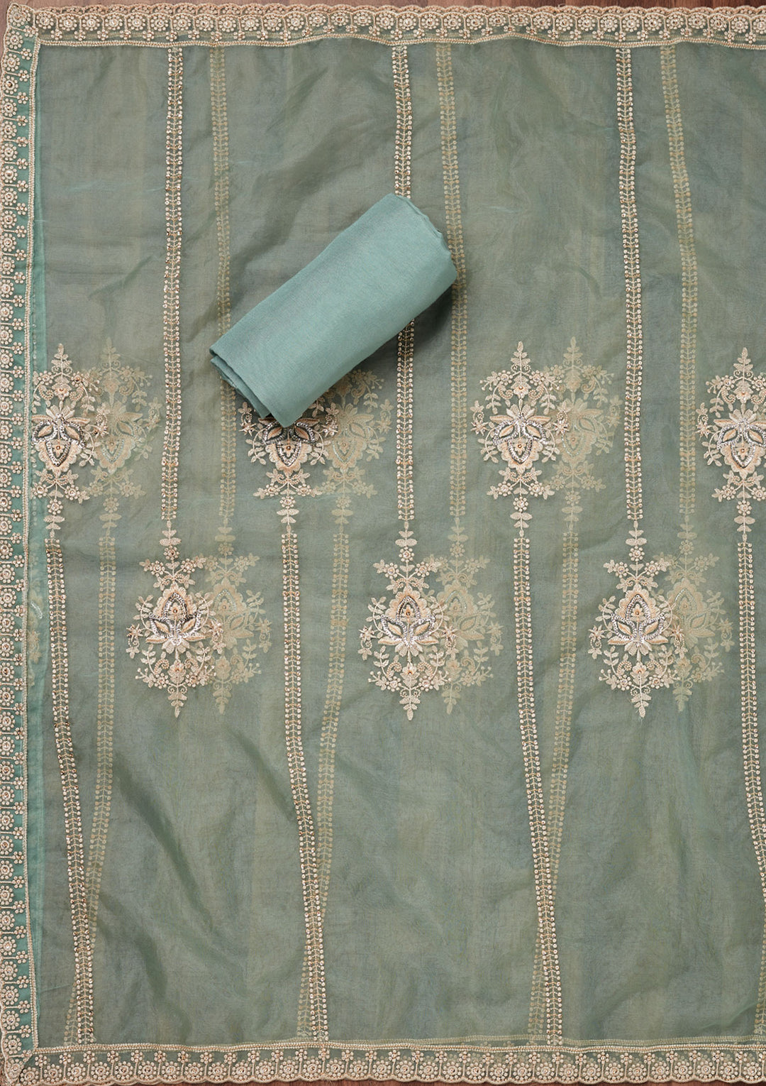 Sea Green Threadwork Tissue Unstitched Salwar Suit
