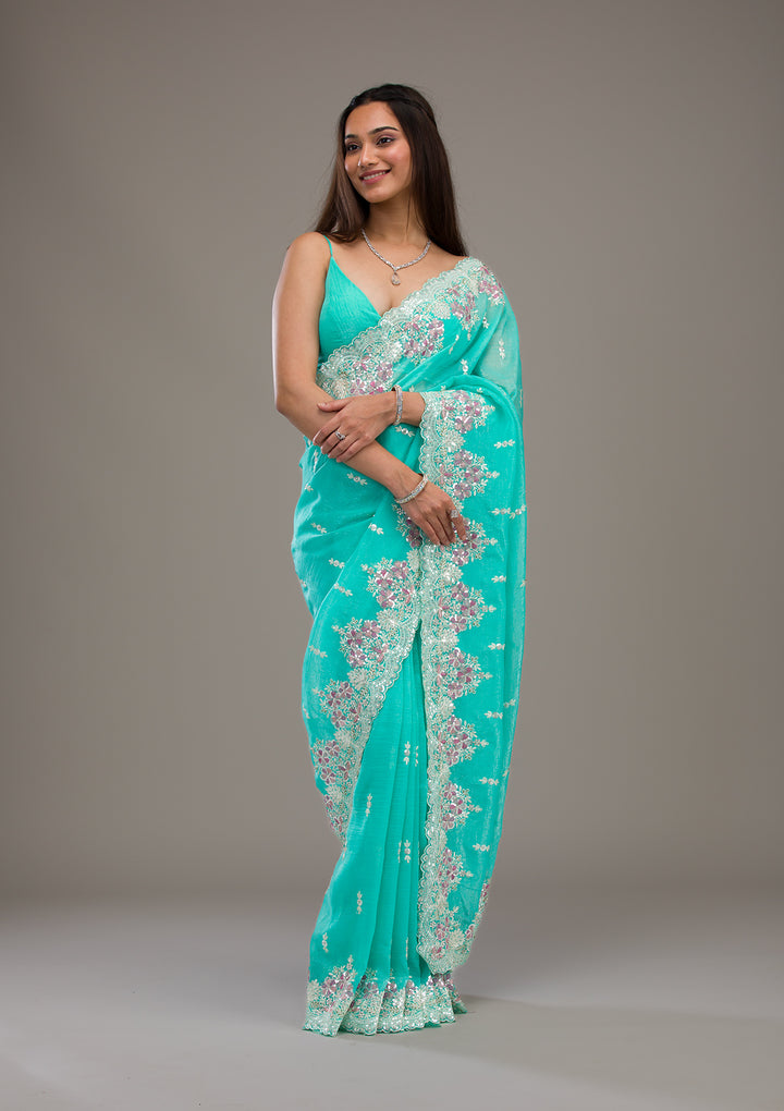 Sea Green Threadwork Tissue Saree