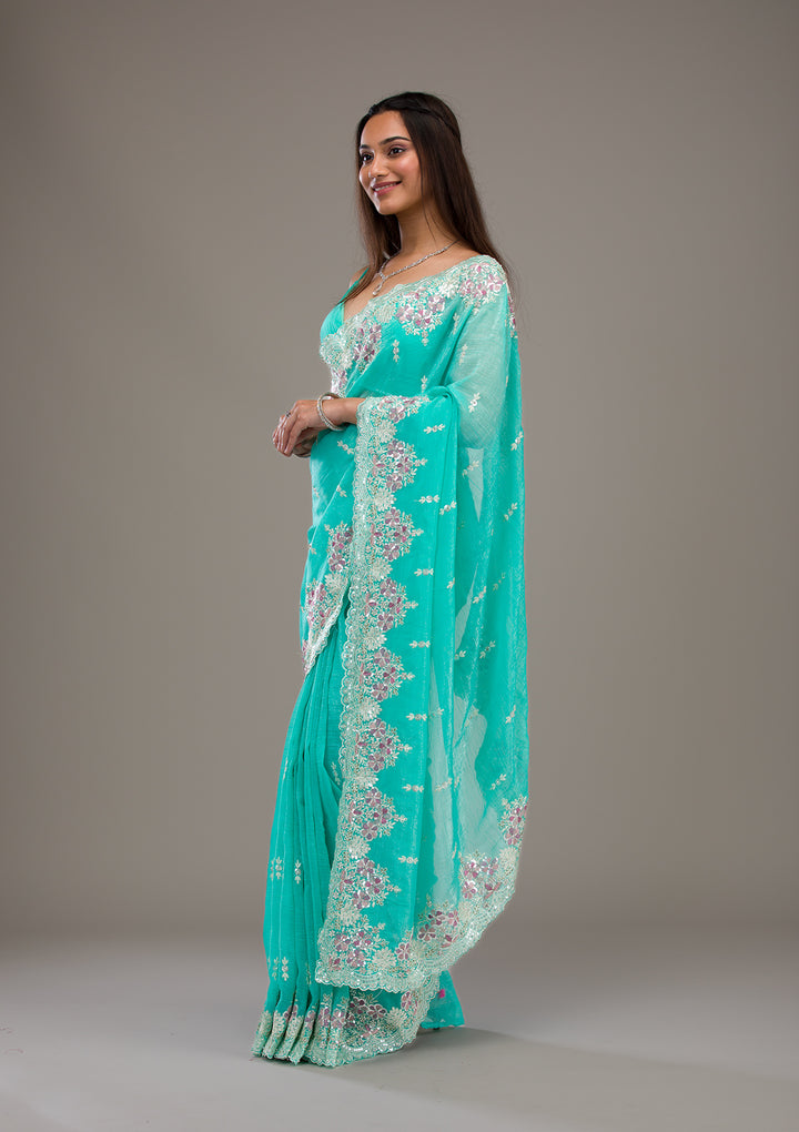 Sea Green Threadwork Tissue Saree