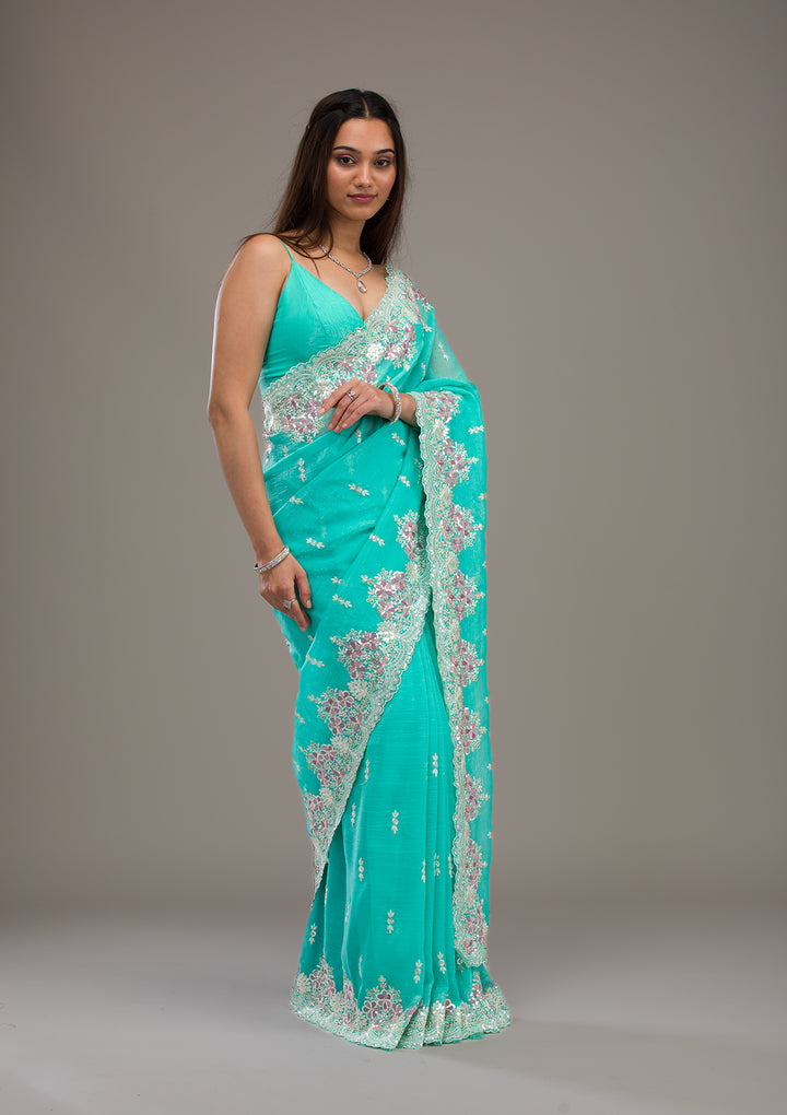 Sea Green Threadwork Tissue Saree