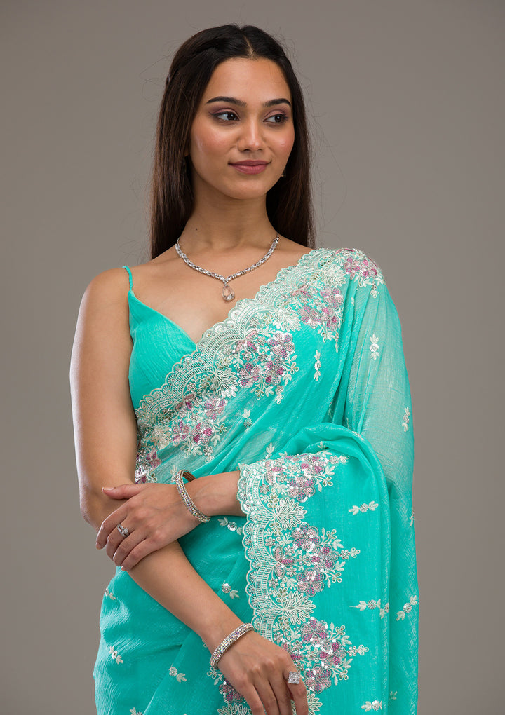 Sea Green Threadwork Tissue Saree
