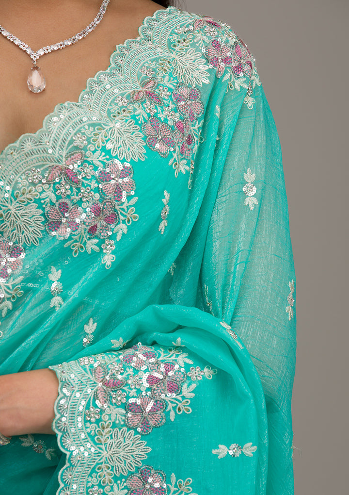 Sea Green Threadwork Tissue Saree