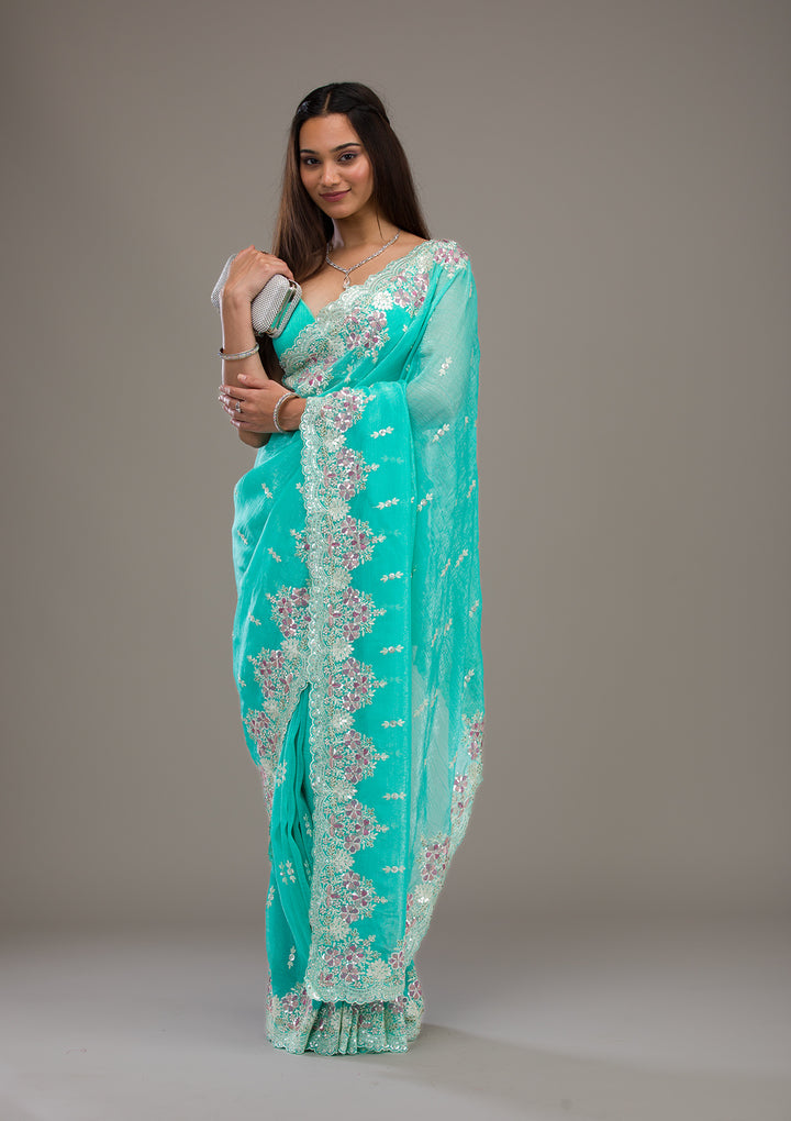 Sea Green Threadwork Tissue Saree