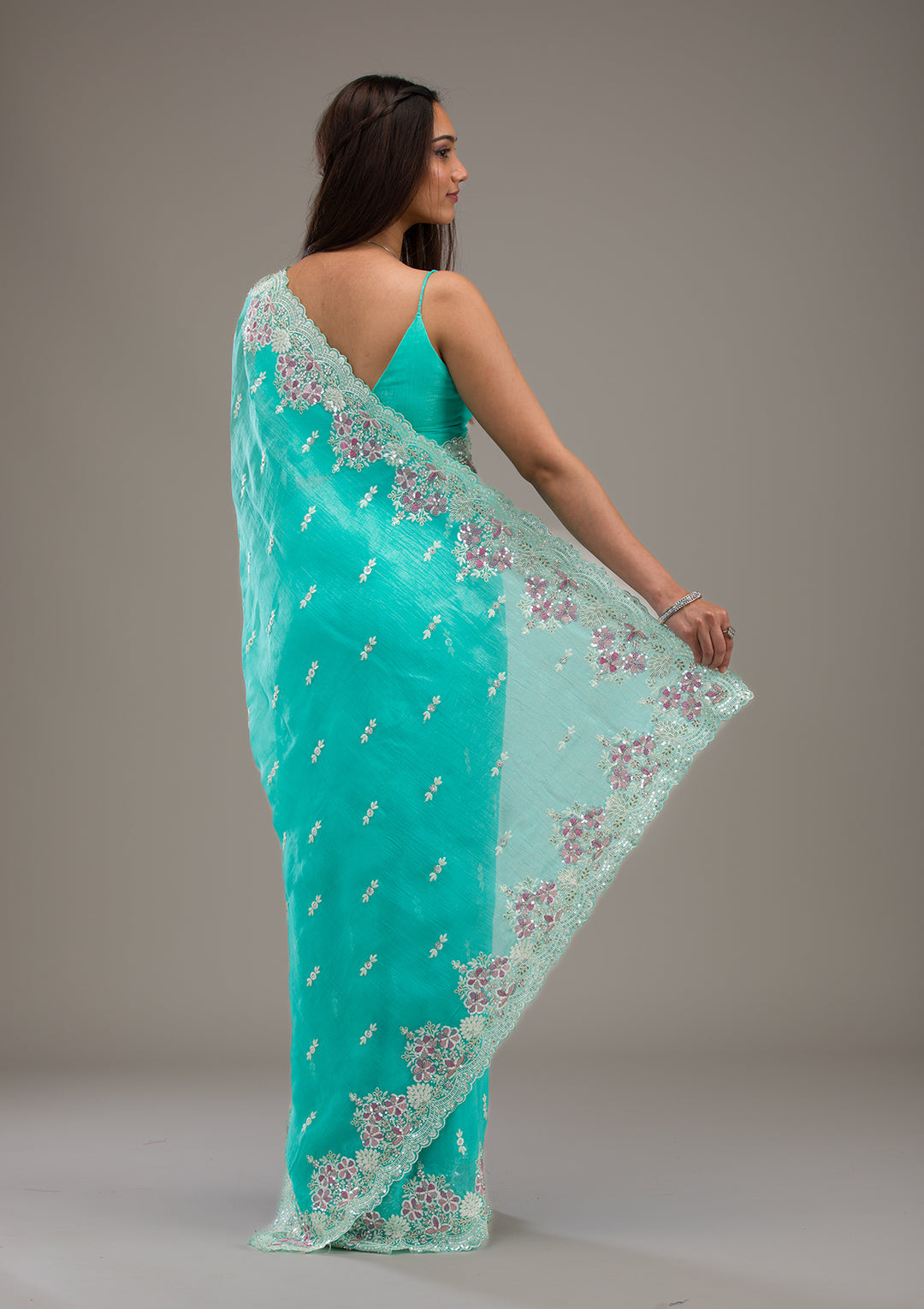 Sea Green Threadwork Tissue Saree