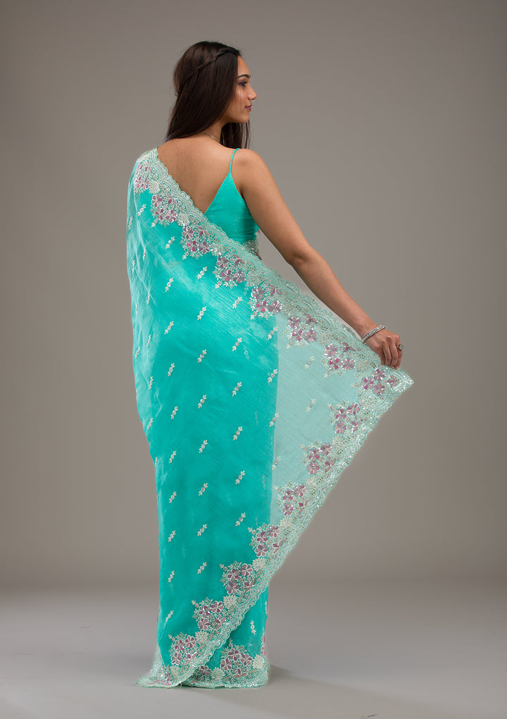Sea Green Threadwork Tissue Saree