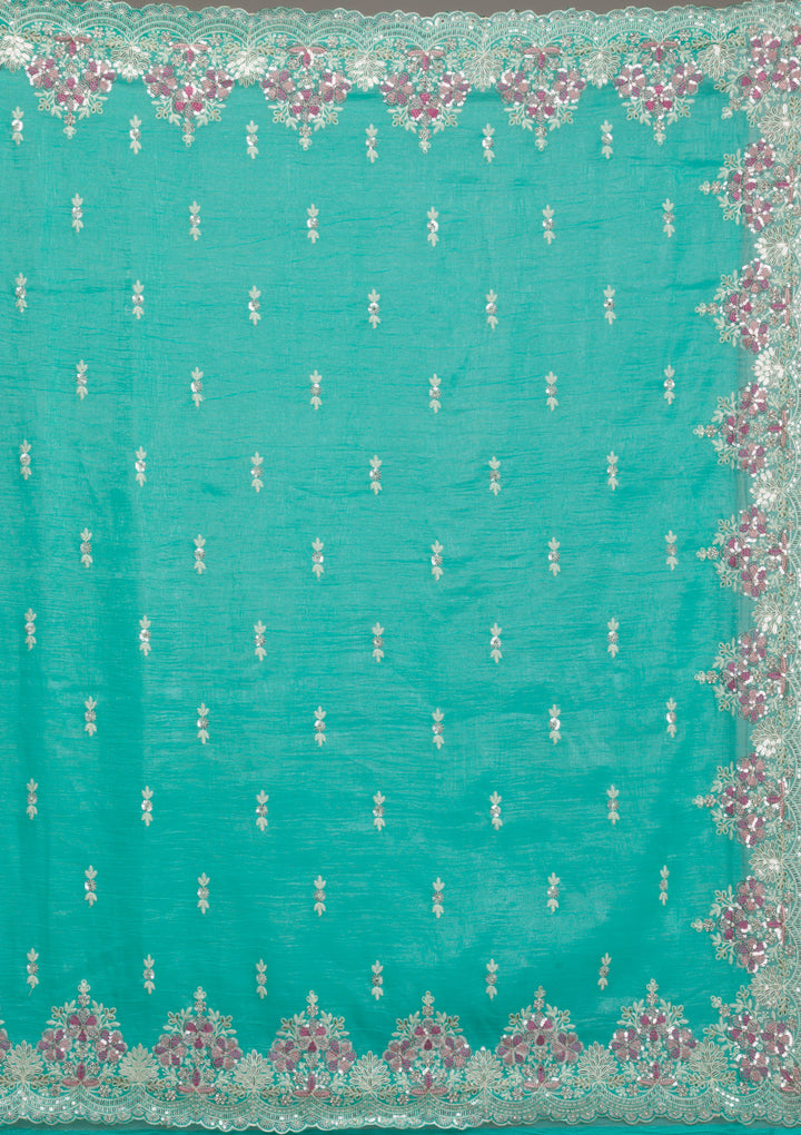 Sea Green Threadwork Tissue Saree