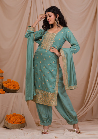 Sea Green Zariwork Art Silk Readymade Salwar Suit-Koskii