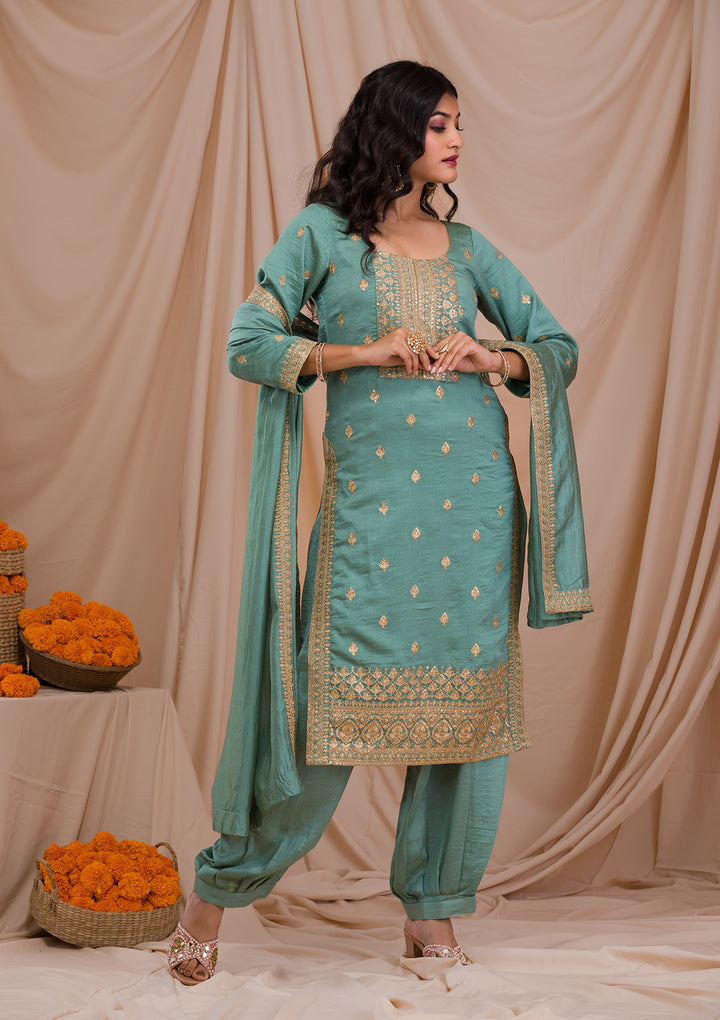 Sea Green Zariwork Art Silk Readymade Salwar Suit-Koskii