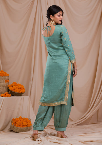 Sea Green Zariwork Art Silk Readymade Salwar Suit