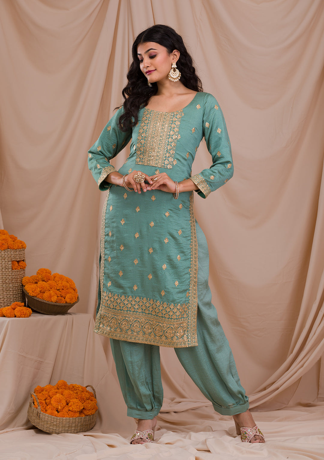 Sea Green Zariwork Art Silk Readymade Salwar Suit-Koskii